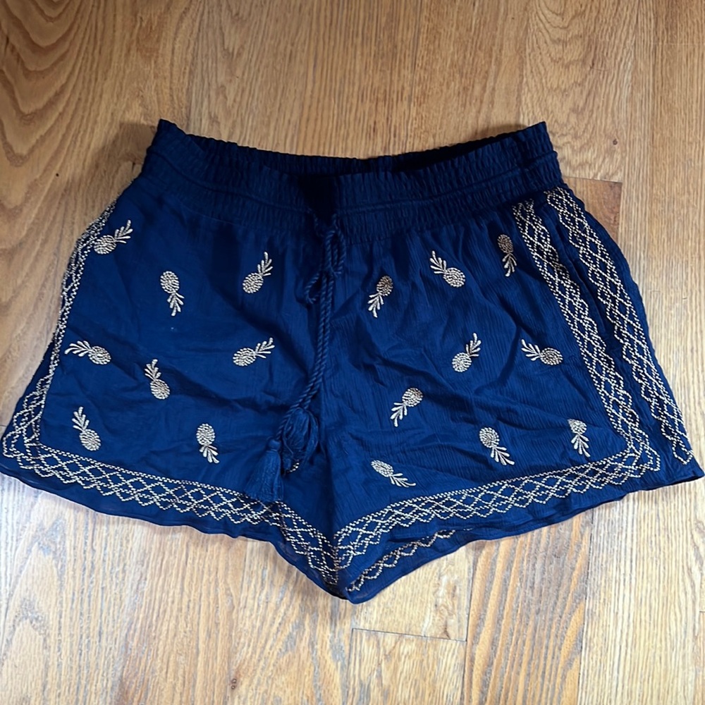 J crew gold pineapple embroidered gauze shorts